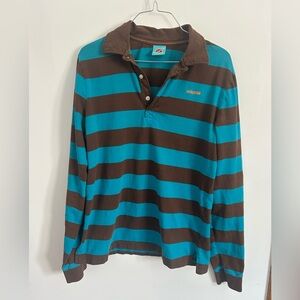 Vintage Hollister Men's Polo Teal and Brown Striped Long Sleeve Shirt